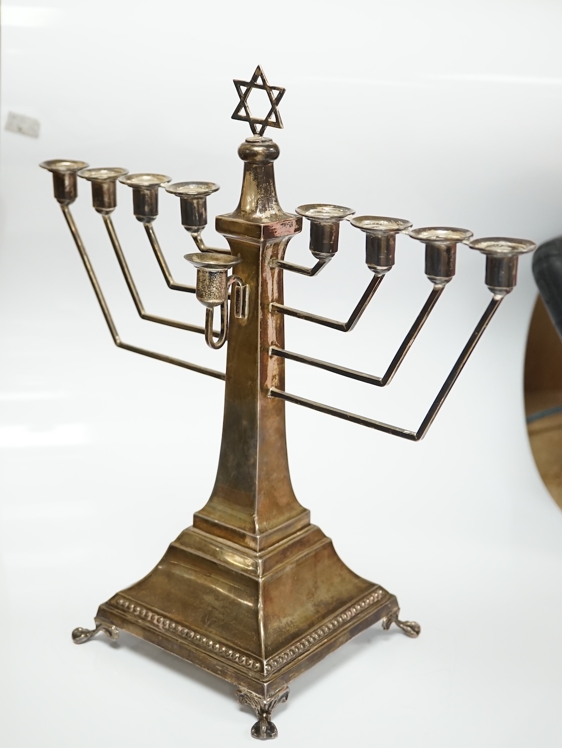 An Elizabeth II silver Hanukkah Menorah, by Alexander Smith, Birmingham, 1963, height 27cm, 12.3oz. Condition - fair to good